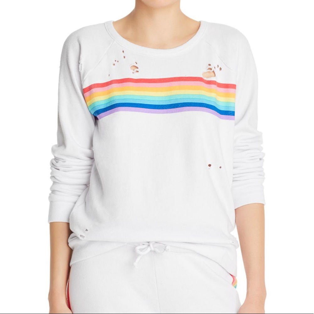 Chaser Brand Rainbow Stripe Distressed Crewneck